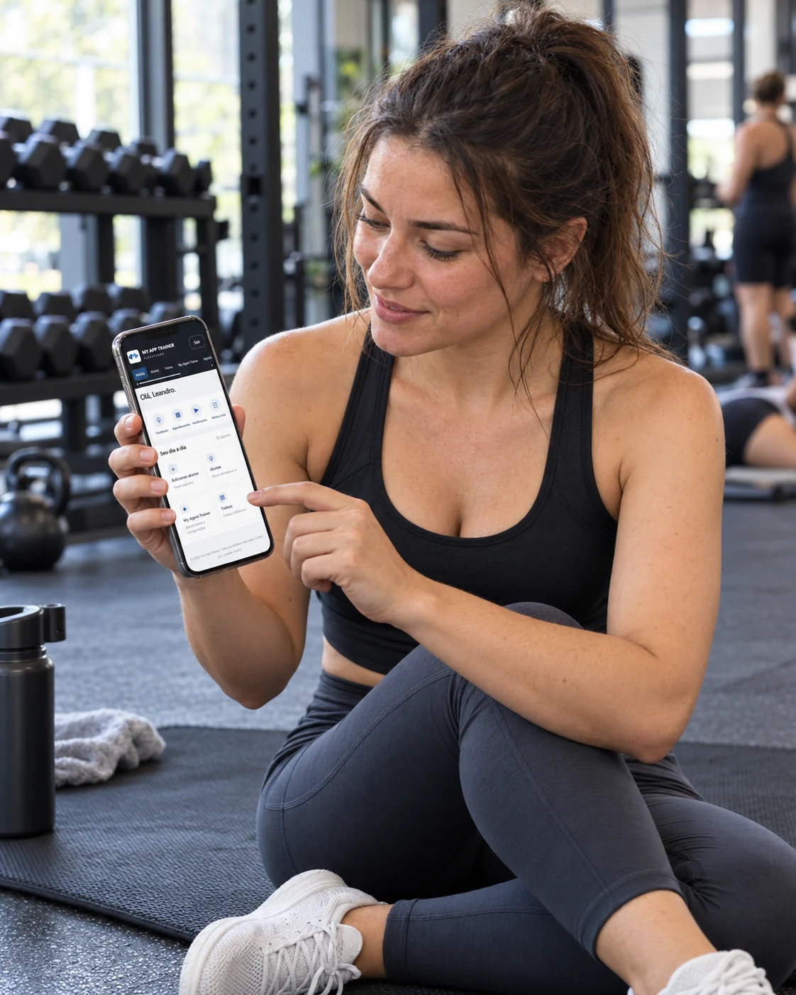Aluna sentada no espaço de alongamento da academia com o My App Trainer aberto no celular