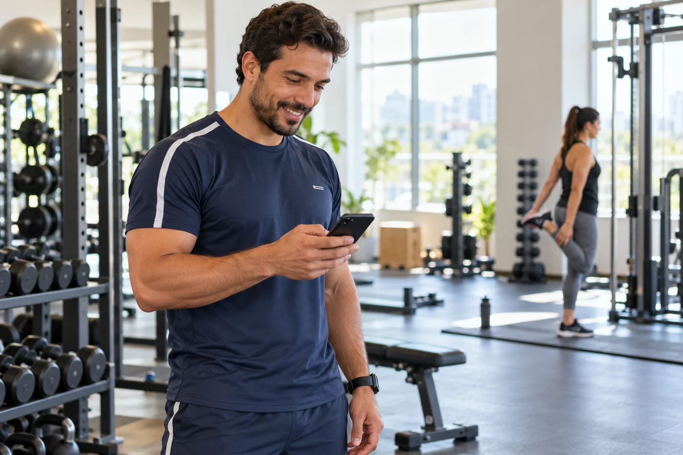 Personal trainer usando o celular entre atendimentos em uma academia iluminada