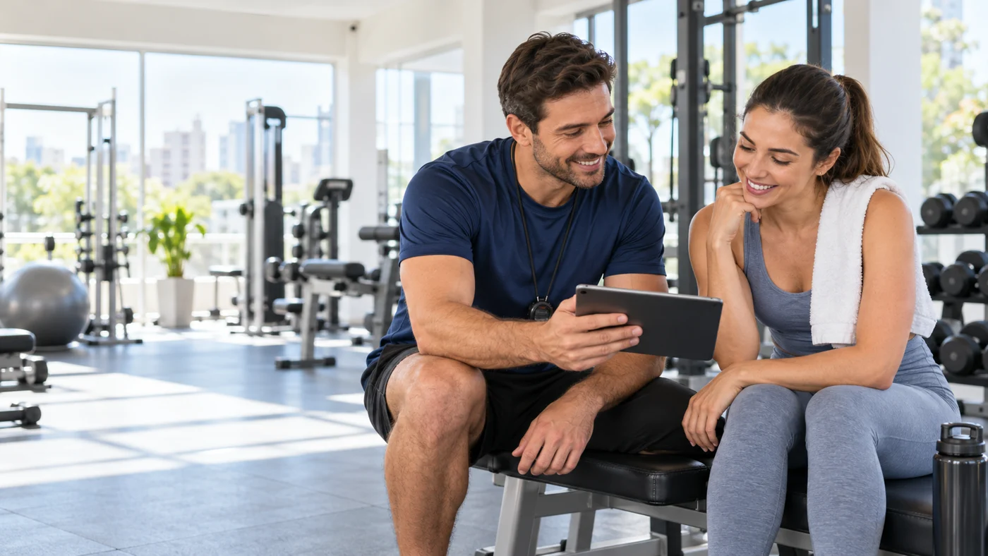 Personal trainer acompanhando uma aluna na academia